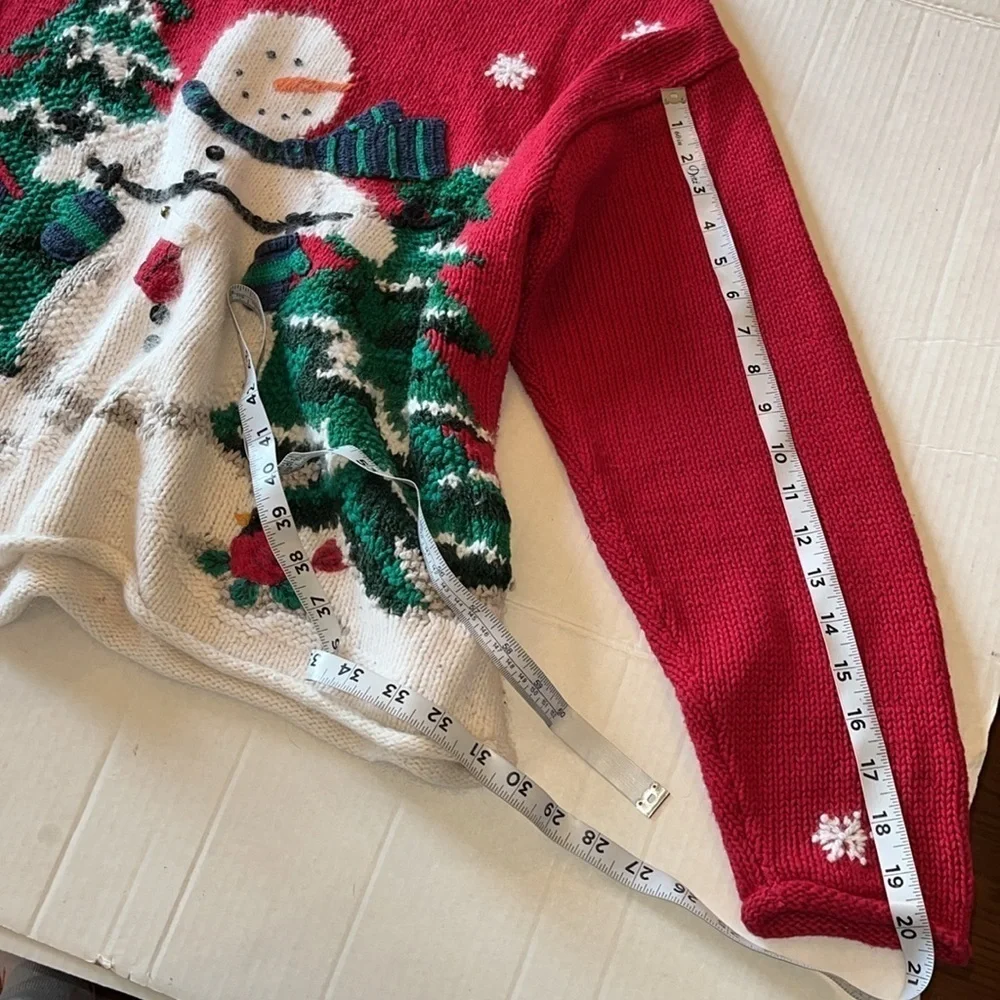 Croft & barrow-L-Snowman, trees, snowflakes, embroidery& crocheted 3-D sweater.